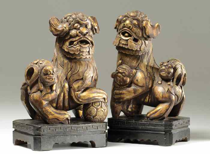 Appraisal: PAIR HAND CARVED WOOD CHINESE FOO LIONS each with open