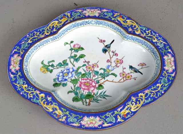 Appraisal: Chinese Canton Enamel Famille Rose DishFinely enameled to depict birds