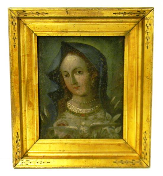 Appraisal: th C Spanish Colonial icon oil on metal portrait bust