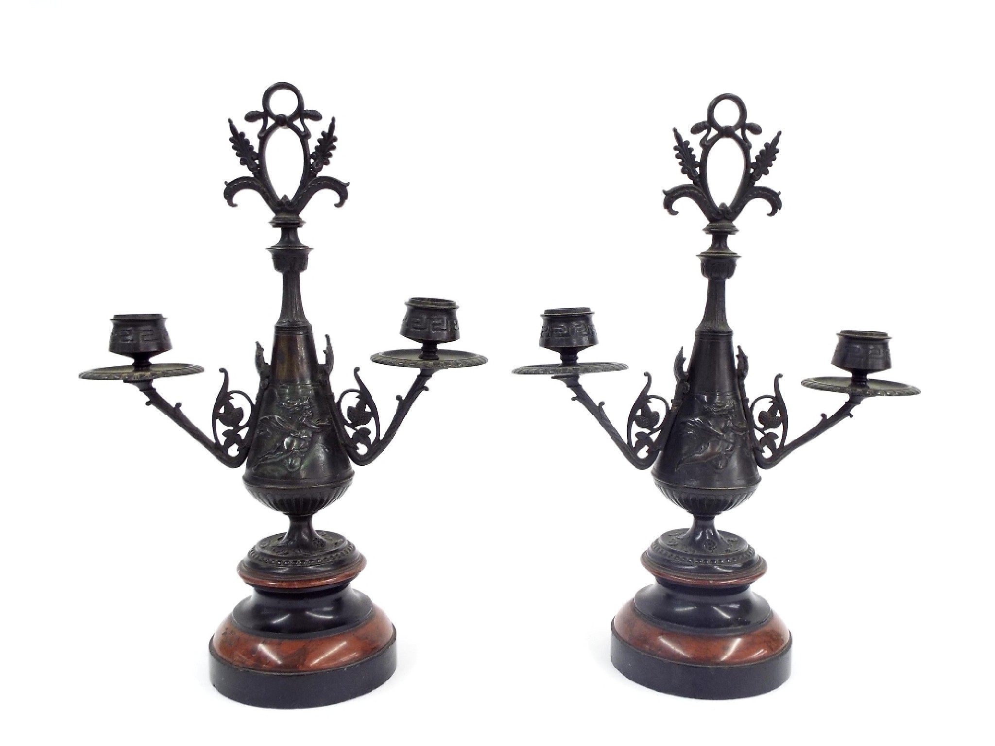 Appraisal: Pair of French bronze and rouge marble twin branch candelabra