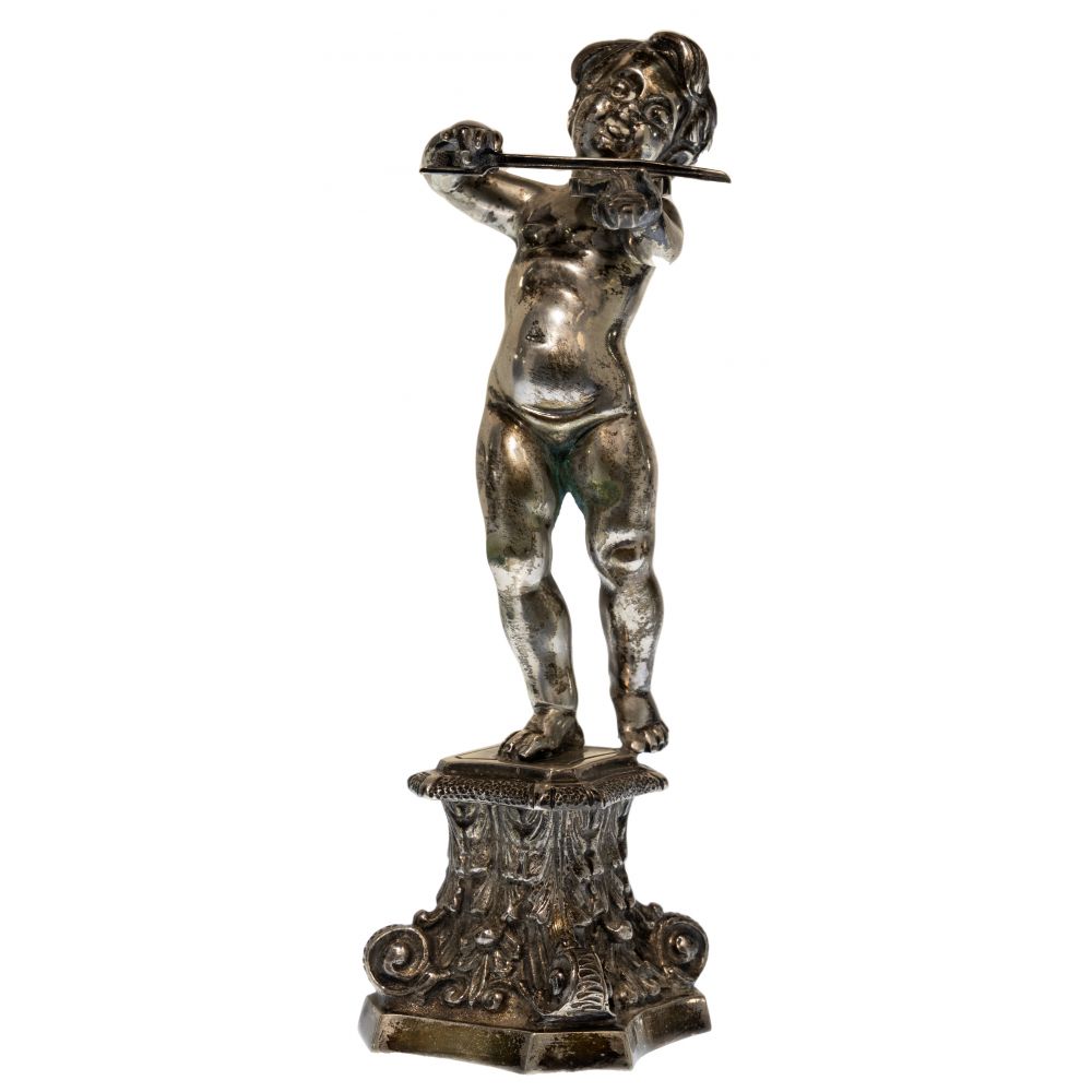 Appraisal: GERMAN SILVER PUTTO STATUETTEDepicting a putto playing the violin marked