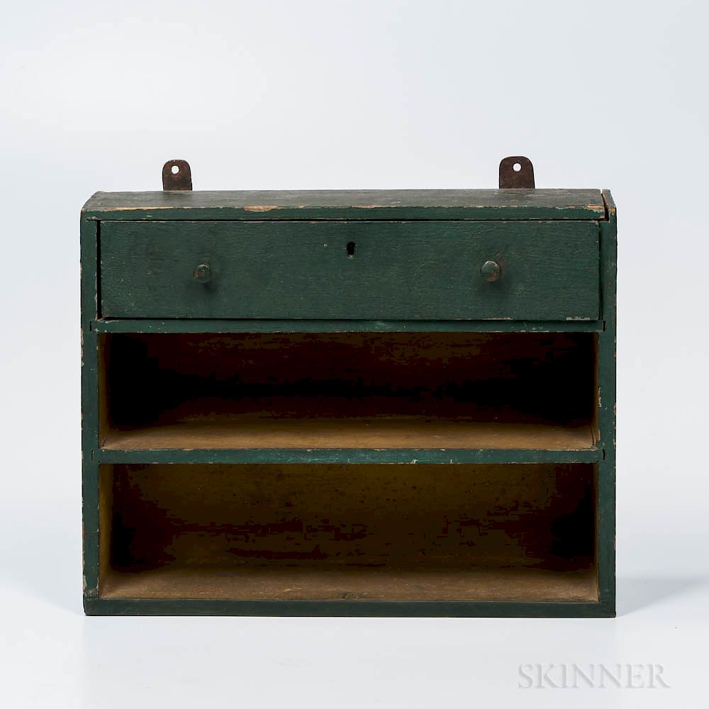 Appraisal: Green- and Yellow-painted Hanging Shelf with Drawer Green- and Yellow-painted