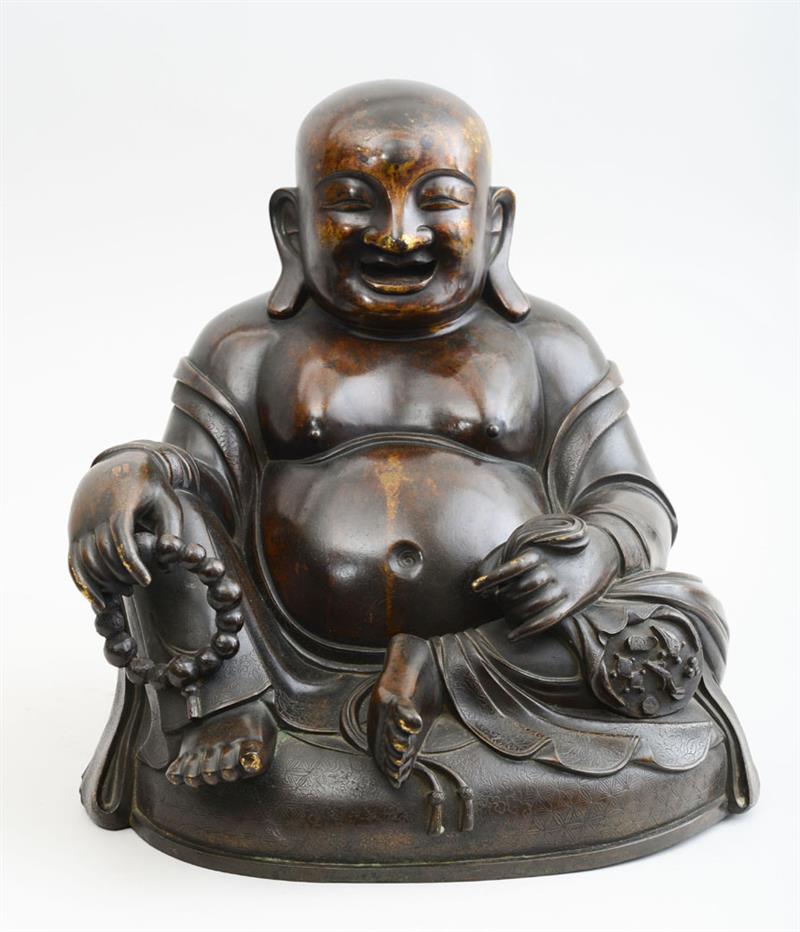 Appraisal: CHINESE PATINATED BRONZE FIGURE OF THE SEATED HOTEI The pot-bellied