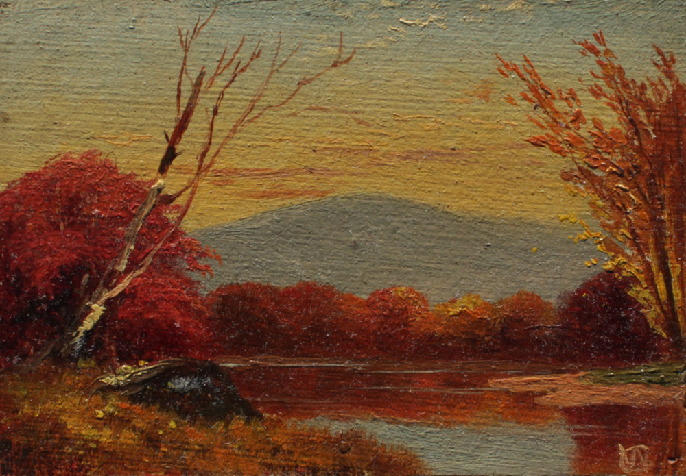 Appraisal: AMERICAN SCHOOL AUTUMNAL MINIATURE RIVER LANDSCAPE PAINTING Oil Canvas mounted