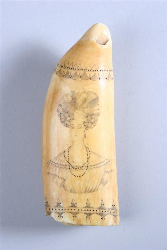 Appraisal: SCRIMSHAW DECORATED WHALE'S TOOTH Bust of maiden with elaborate headdress