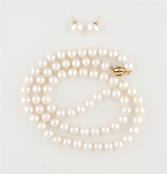 Appraisal: Cultured pearl necklace and earrings seventy-one pearls - mm ending