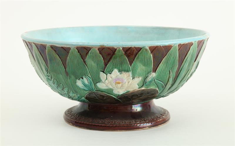 Appraisal: ENGLISH MAJOLICA FOOTED PUNCH BOWL Impressed mark with turquoise-glazed interior