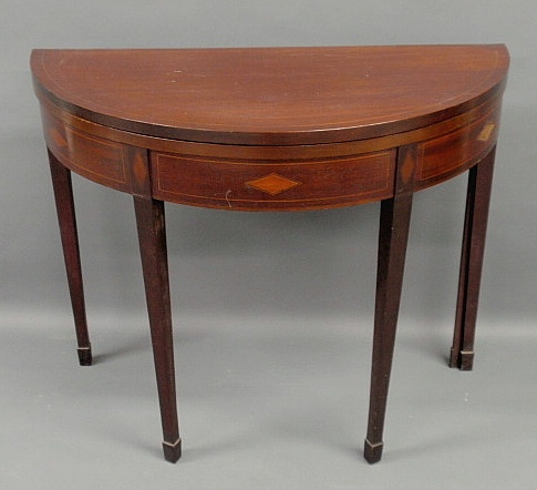 Appraisal: Hepplewhite style inlaid mahogany demilune card table h top x