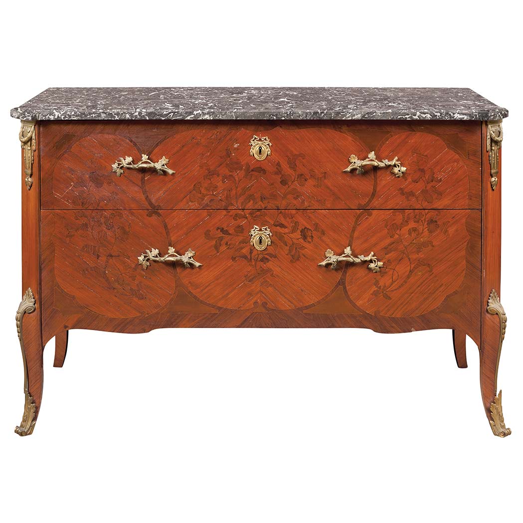 Appraisal: Transitional Rococo Neoclassical Style Gilt-Bronze Mounted Marquetry Inlaid Walnut Commode