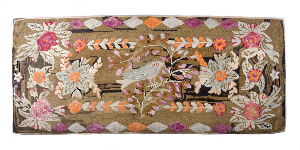 Appraisal: AMERICAN FLORAL HOOKED RUG WITH DOVE The variegated tan and