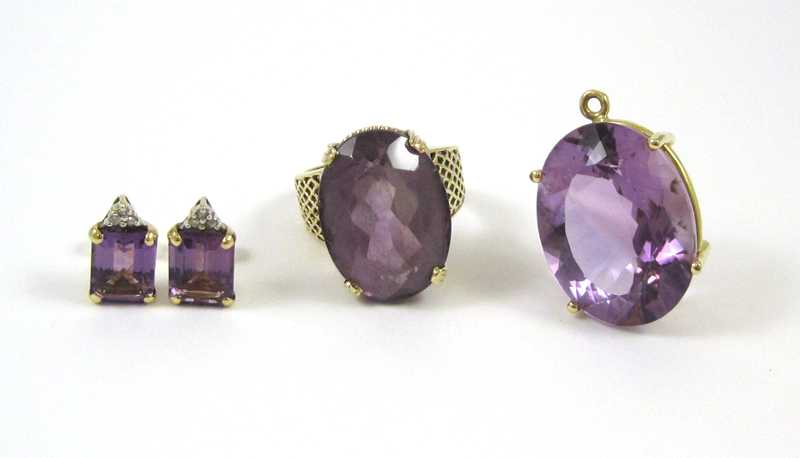 Appraisal: FOUR ARTICLES OF AMETHYST JEWELRY including a size k gold