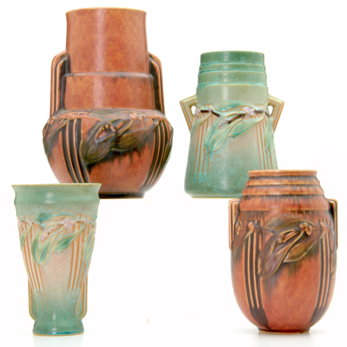 Appraisal: ROSEVILLE Four Laurel vases two green - and - and