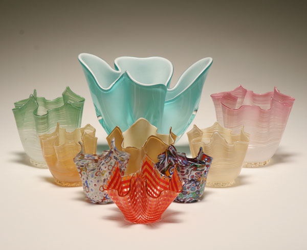 Appraisal: Nine Murano art glass hanky form vases Fazzoletto polychrome vases-the