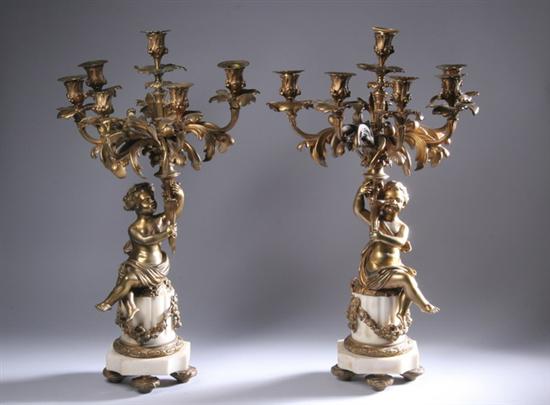 Appraisal: PAIR LOUIS XV-STYLE BRONZE DOR AND MARBLE SIX-LIGHT CANDELABRA th