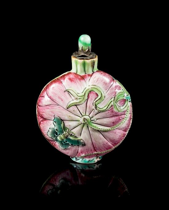 Appraisal: A Famille Rose Porcelain 'Lotus' Snuff Bottle Height inches A