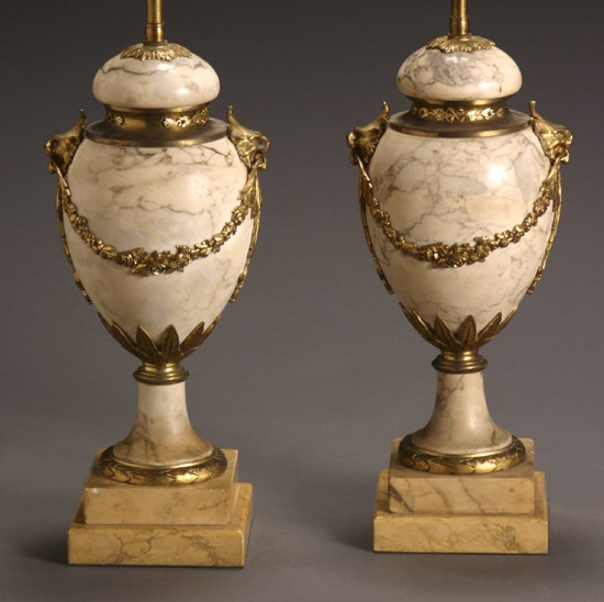 Appraisal: Pair of Louis XVI Style Ormolu Mounted Marble Covered Urns