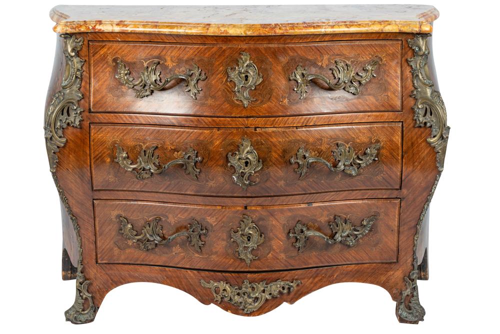 Appraisal: LOUIS XV STYLE MARBLE-TOP MARQUETRY COMMODEwith bronze mounts and three