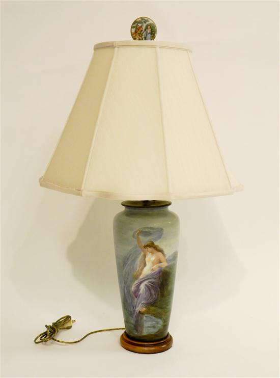 Appraisal: Hand painted vase with female nude electrified as lamp resting