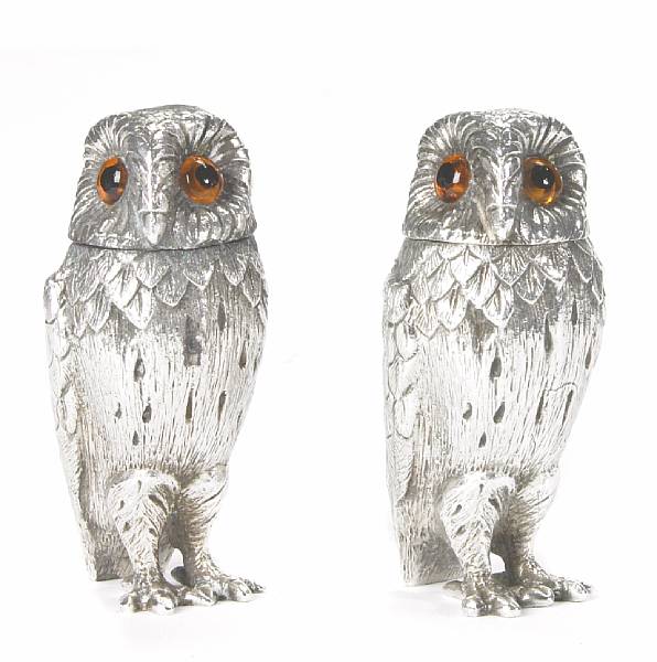 Appraisal: An Elizabeth II silver pair of owl form castersTiffany amp