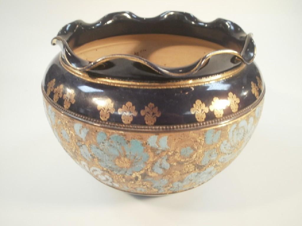 Appraisal: A Doulton stoneware pottery blue glazed jardiniere decorated with inscribed