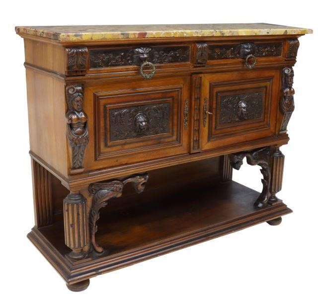 Appraisal: Italian Renaissance Revival carved walnut sideboard th c rectangular marble