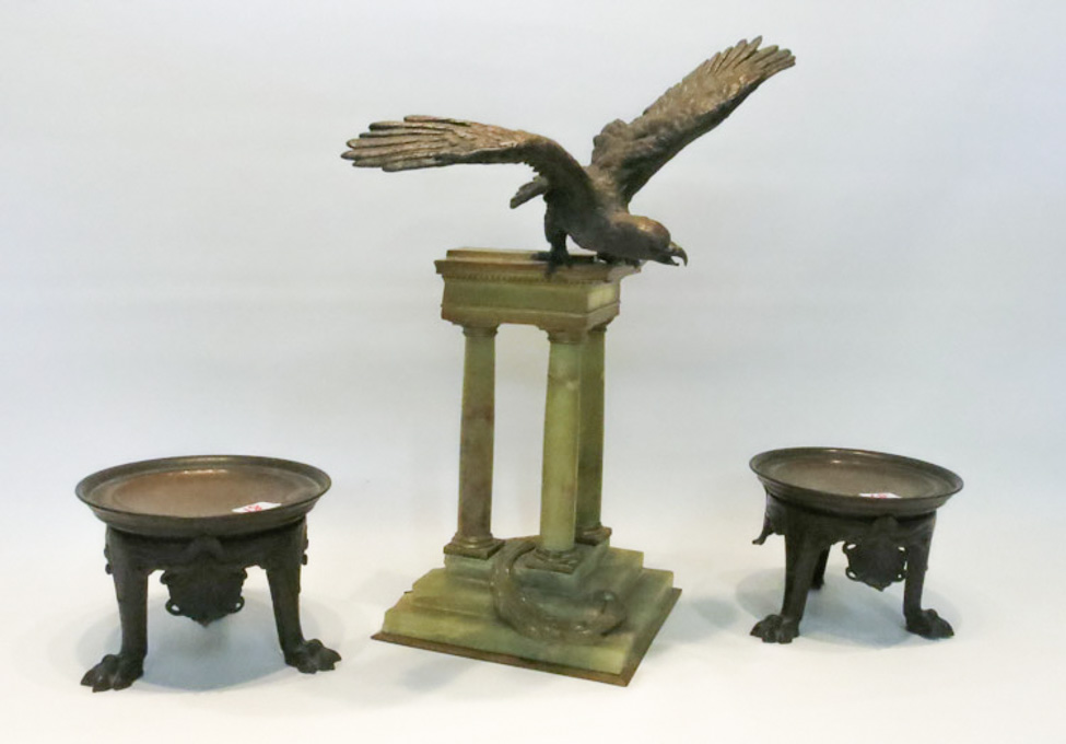 Appraisal: THREE BRONZE SCULPTURES bronze eagle taking flight from the top