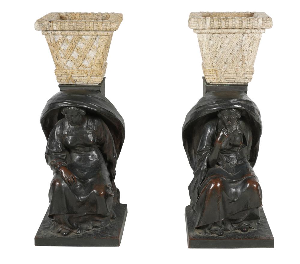 Appraisal: PAIR OF MARBLE PLANTERS ON FIGURAL BRONZE BASESthe planters removable