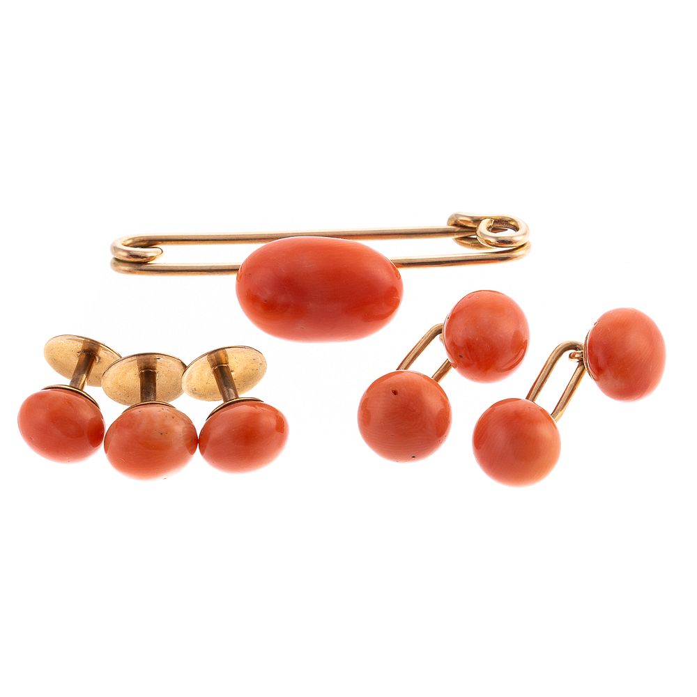 Appraisal: A K Antique Coral Stud Cufflinks Set K Pin K