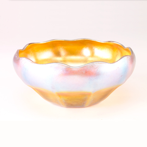 Appraisal: TIFFANY Gold Favrile glass scalloped bowl Engraved LCT Favrile M