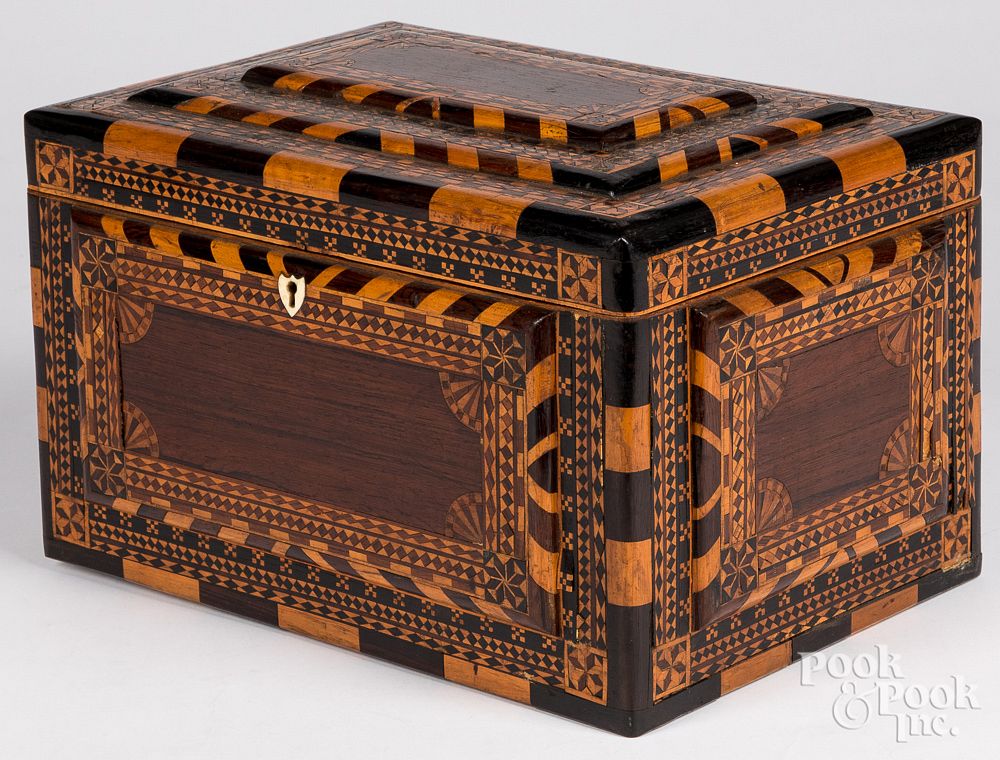 Appraisal: Parquetry inlaid dresser box th c Parquetry inlaid dresser box