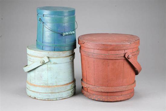 Appraisal: THREE PAINTED FIRKINS Red with blue yellow and gold decoration