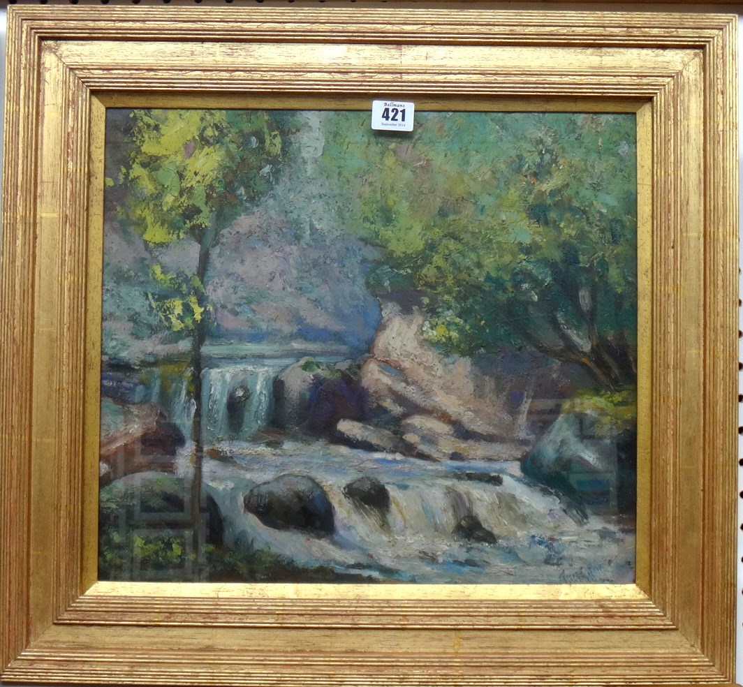 Appraisal: Frederick William George - Waterfall oil on board cm x