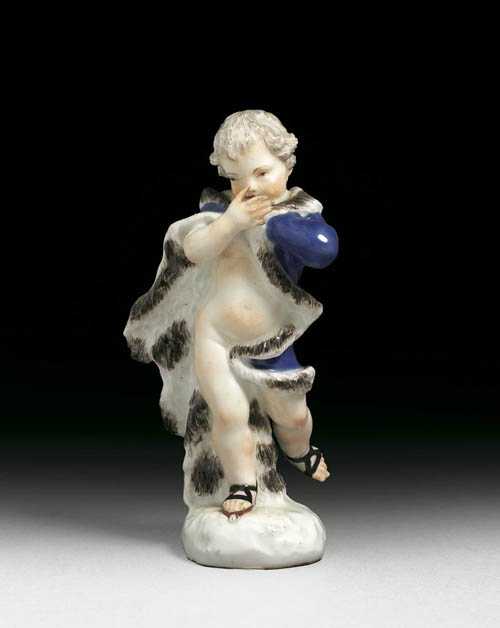 Appraisal: FIGURE OF PUTTO AS 'WINTER' Meissen circa Underglaze blue sword