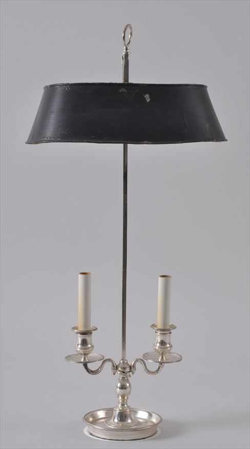 Appraisal: DIRECTOIRE STYLE SILVER-PLATED TWO-LIGHT BOULLIOTTE LAMP WITH GREEN-GROUND T LE