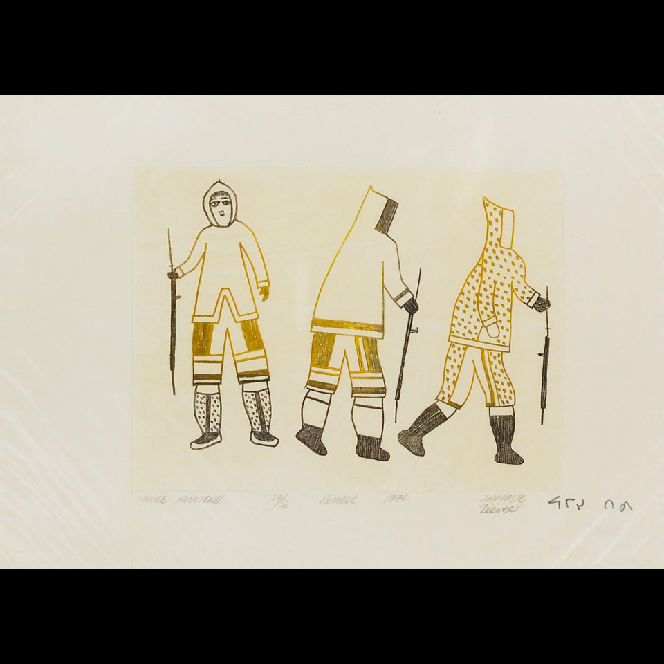 Appraisal: JAMASIE TEEVEE - E - Cape Dorset THREE HUNTERS engraving