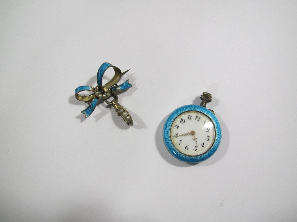 Appraisal: French silver and blue guilloche enamel open faced fob watch