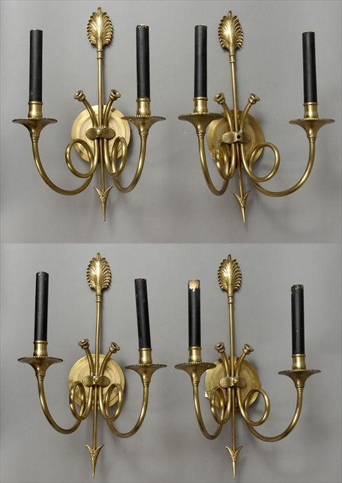 Appraisal: Four Empire-Style Brass Two-Light Wall Sconces x in