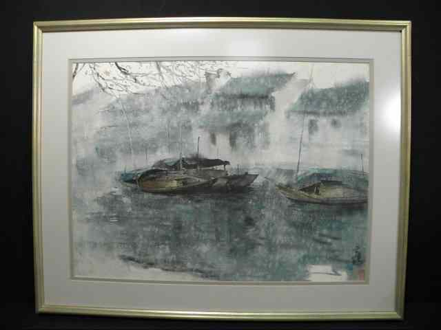 Appraisal: Japanese watercolor painting on rice paper depicting docked fishing boats