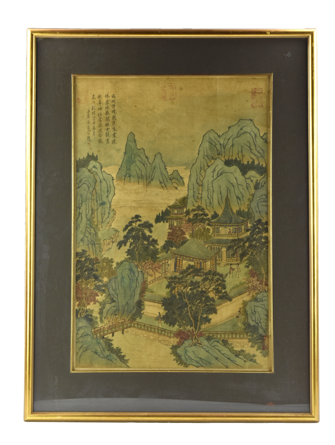 Appraisal: depicting an outdoor landscape with pavilions trees rock work and