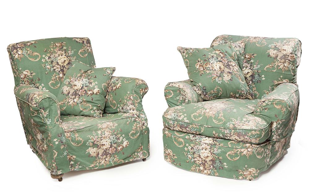 Appraisal: TWO VICTORIAN UPHOLSTERED EASY ARMCHAIRS LATE TH CENTURY with green