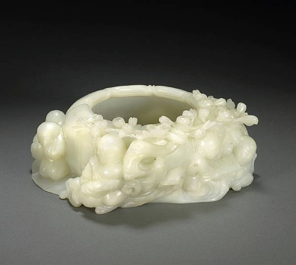 Appraisal: A white jade water coupe with figures th Century Depicting