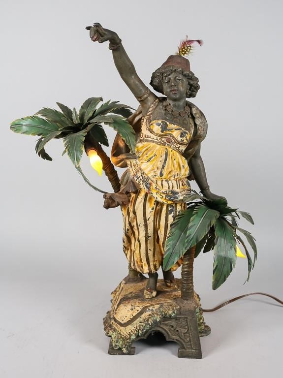 Appraisal: Manner of Louis Hottot Orientalist polychrome painted white metal lamp