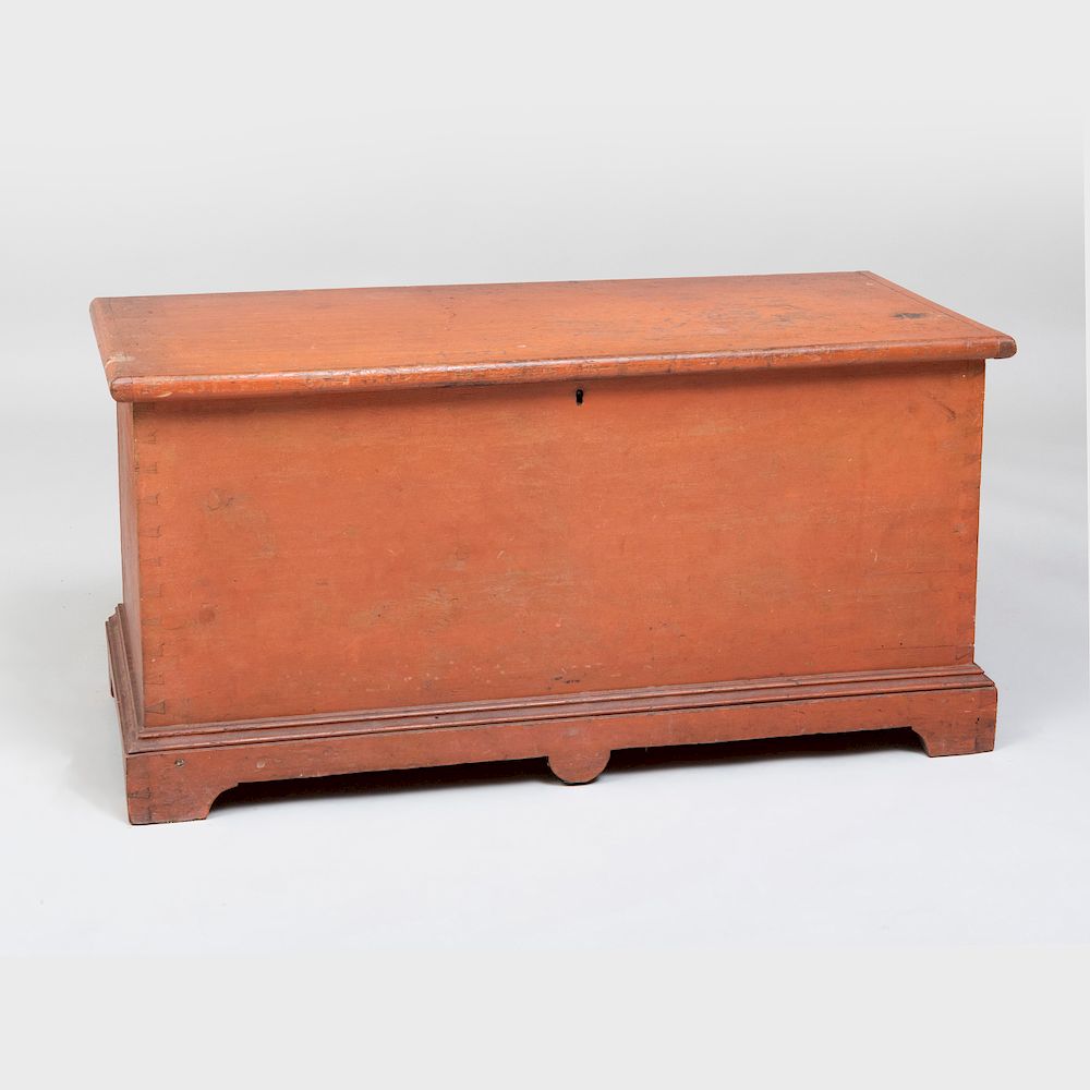 Appraisal: Hudson Valley Red Painted Blanket Chest Fitted with a hinged