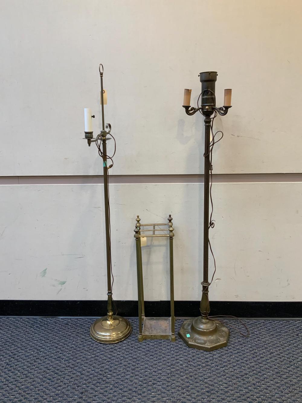 Appraisal: Two Brass Floor Lamps and Cane Stand