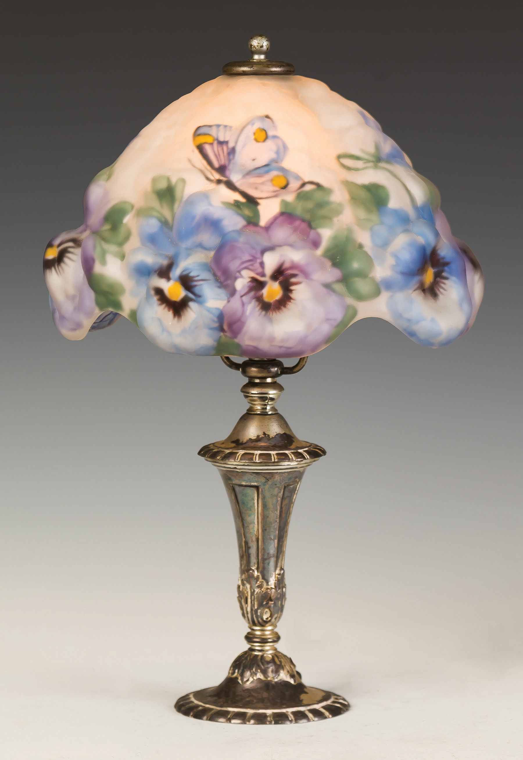 Appraisal: Pairpoint Puffy Pansy and Butterfly Boudoir Lamp th century Silver