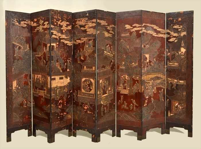 Appraisal: CHINESE MAROON COROMANDEL LACQUER EIGHT-PANEL FOLDING SCREEN ft in x