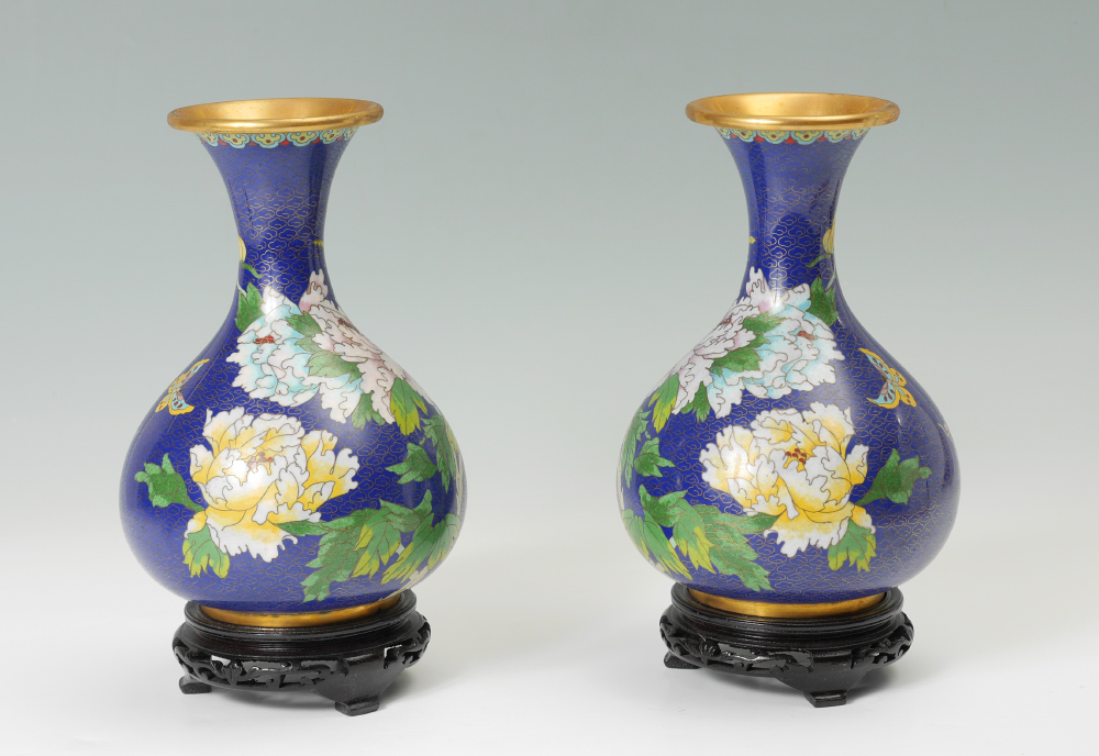 Appraisal: PAIR CHINESE BLUE CLOISONNE VASES Blue ground butterfly and blossoms