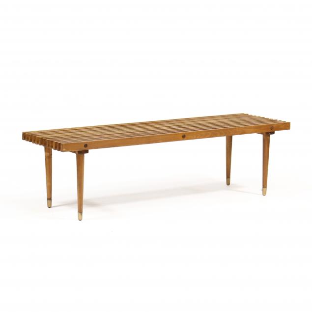 Appraisal: DANISH TEAK SLAT BENCH s rectangular slat seat with through