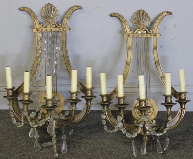 Appraisal: Pair of Neoclassical Style Sconces Brass or bronze with beaded