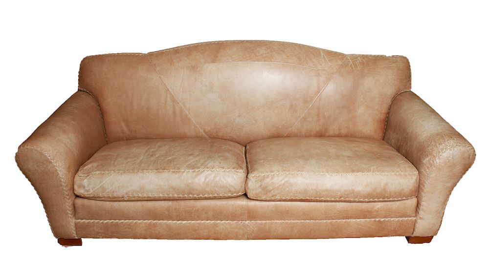 Appraisal: Tan Leather Sofa w Stitched Motif Tan beige leather sofa